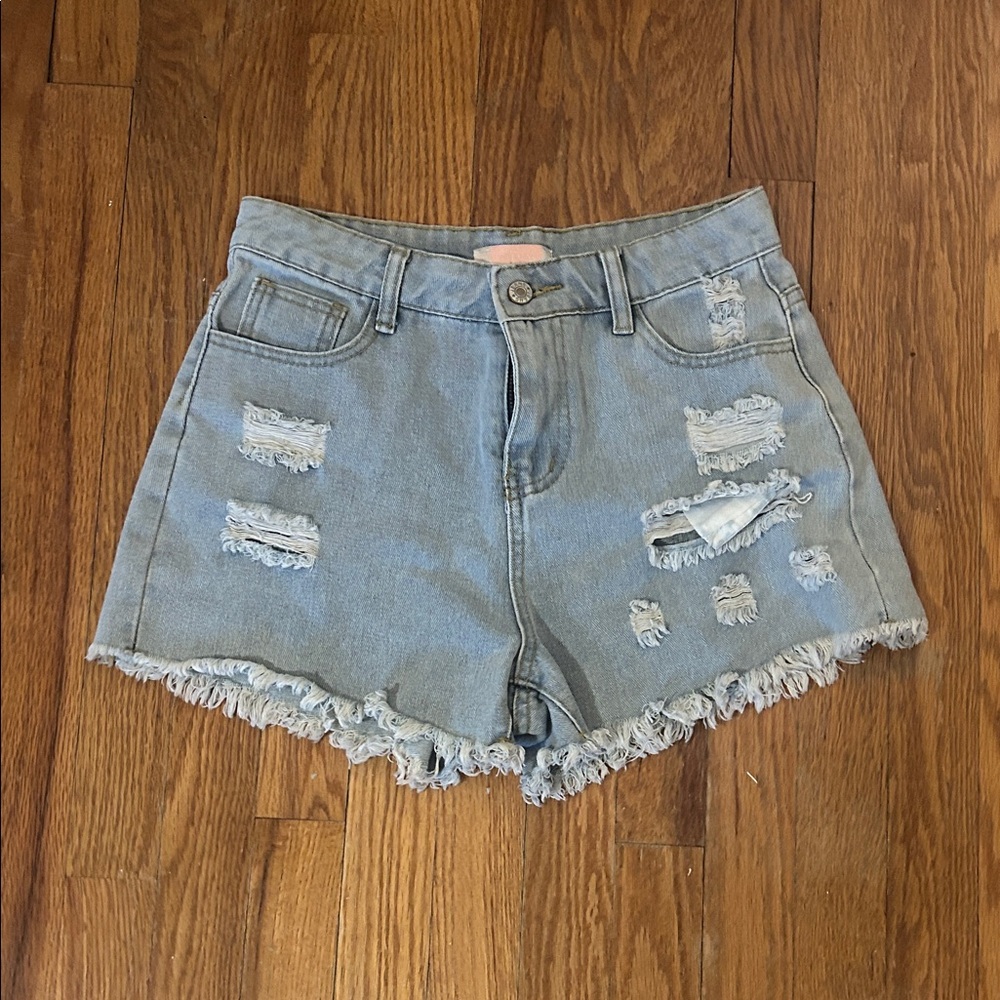 Distressed Light Blue Denim Shorts